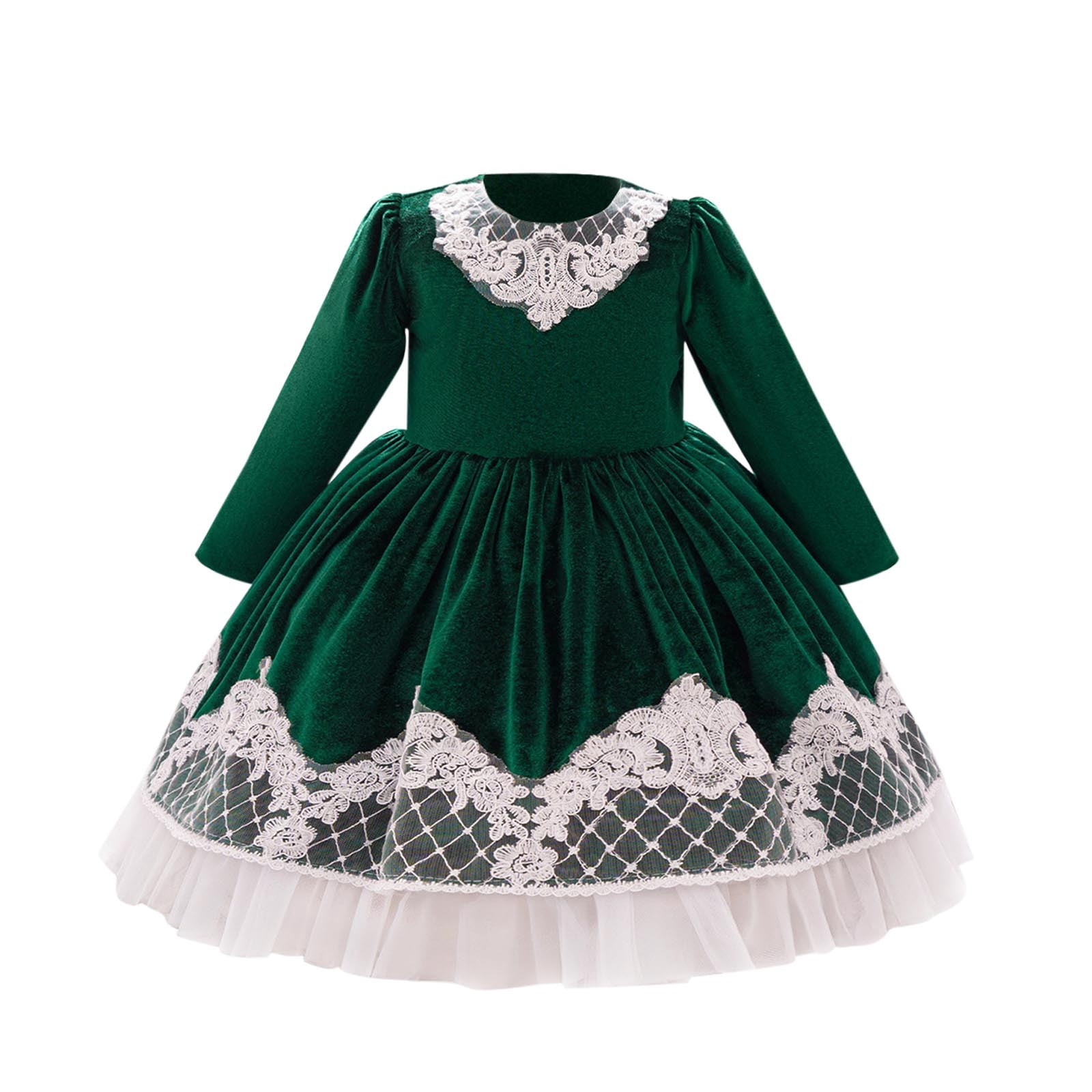 Princess Velvet Dress Toddler Baby Girls Long Sleeve Tulle Elegant Dresses Lace Trim Christmas Party Vintage Gown, Green, 12 Months