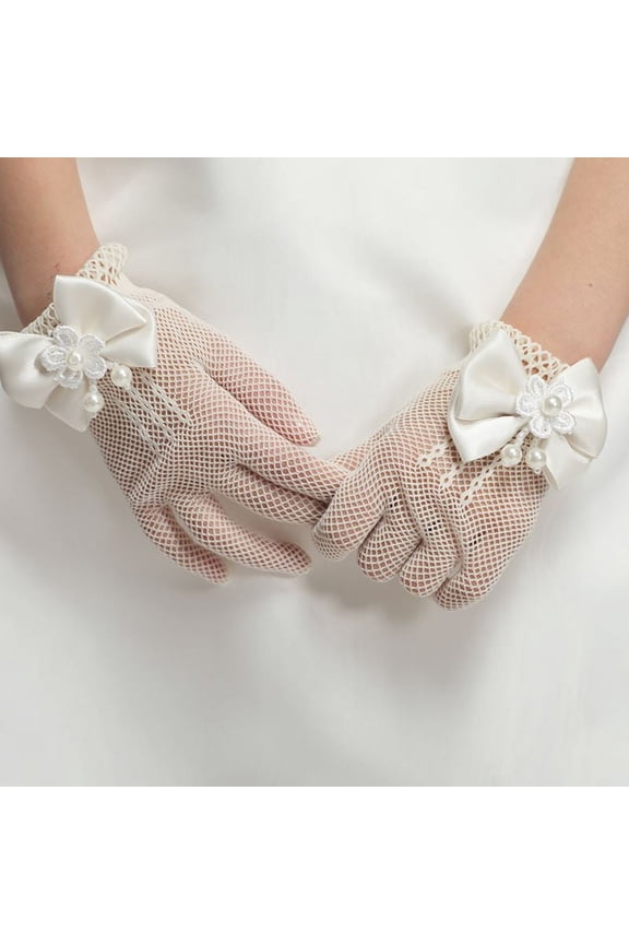 Princess Wedding Gloves for Girls Mesh Children's HolidayBirthday Bow Performance Gloves for White Short Princess First Communion Gloves for Girls Satin Lace Tie Gloves Women Faux Pearl