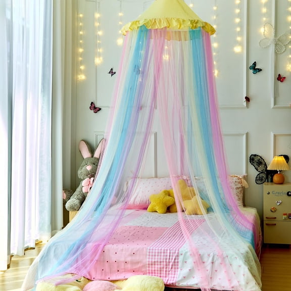 Princess White Blue Bed Canopy for Girls Bed Net,Princess Canopy for Kids Bed Room Decor (Yellow Rainbow)