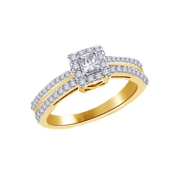 AFFY Princess & Round Cut White CZ Engagement & Wedding Fashion Ring Set In 14k Solid Yellow Gold (0.32 Cttw)