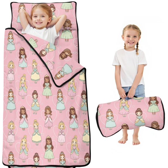 Princess and Ballerina Pink Pattern Teens Toddler Nap Mat with Pillow, Sleeping Mat Bag for Preschool Daycare 51"x22"