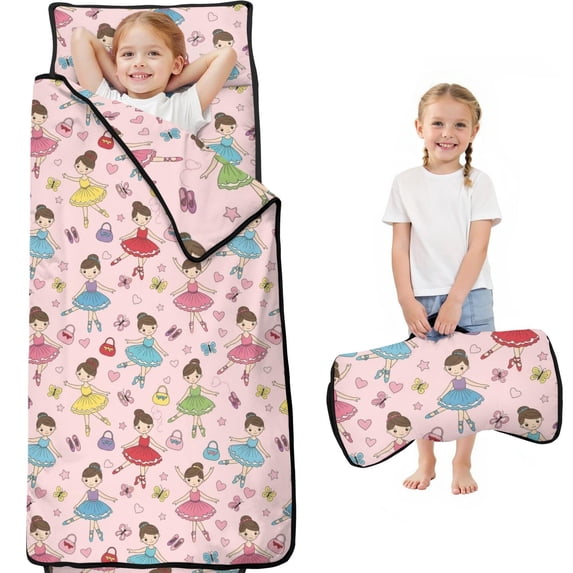 Princess and Ballerina Pink Pattern Teens Toddler Nap Mat with Pillow, Sleeping Mat Bag for Preschool Daycare 60"x20"