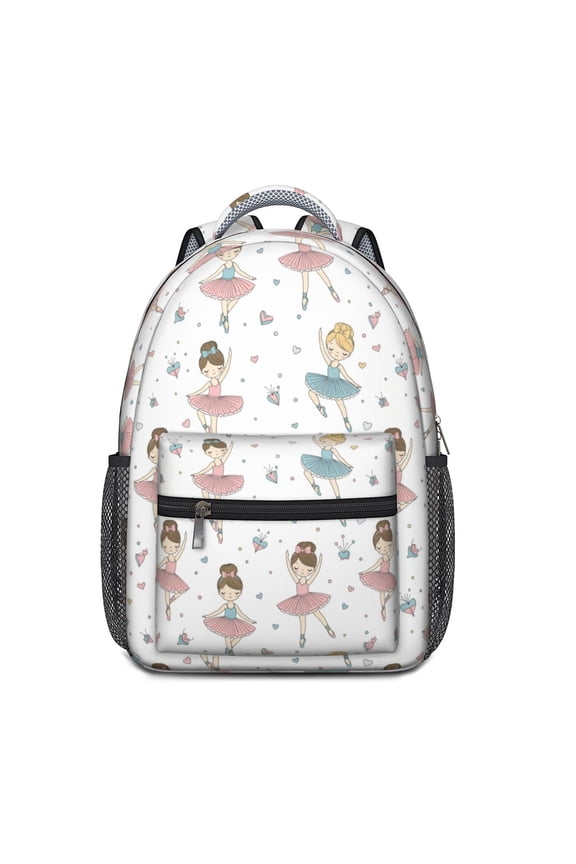 Princess and Ballerina White Pattern Backpack for School, Cute School Bag with Adjustable Shoulder Straps and Padded Back, 15.3"x11"x6.7"