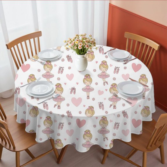 Princess and Ballerina White Pattern Round Tablecloth 60"x60", Wrinkle Resistant Wipeable Table Cover for Kitchen Dining Room Picnic Patio and Party
