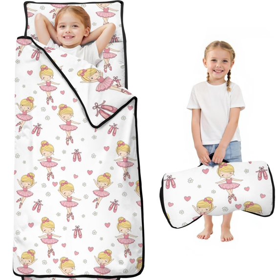 Princess and Ballerina White Pattern Teens Toddler Nap Mat with Pillow, Sleeping Mat Bag for Preschool Daycare 60"x20"
