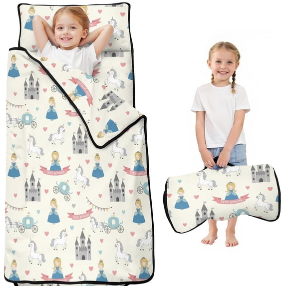 Princess and Carriage Beige Pattern Teens Toddler Nap Mat with Pillow, Sleeping Mat Bag for Preschool Daycare 51"x22"