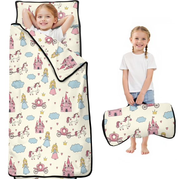 Princess and Carriage Beige Pattern Teens Toddler Nap Mat with Pillow, Sleeping Mat Bag for Preschool Daycare 59"x22"