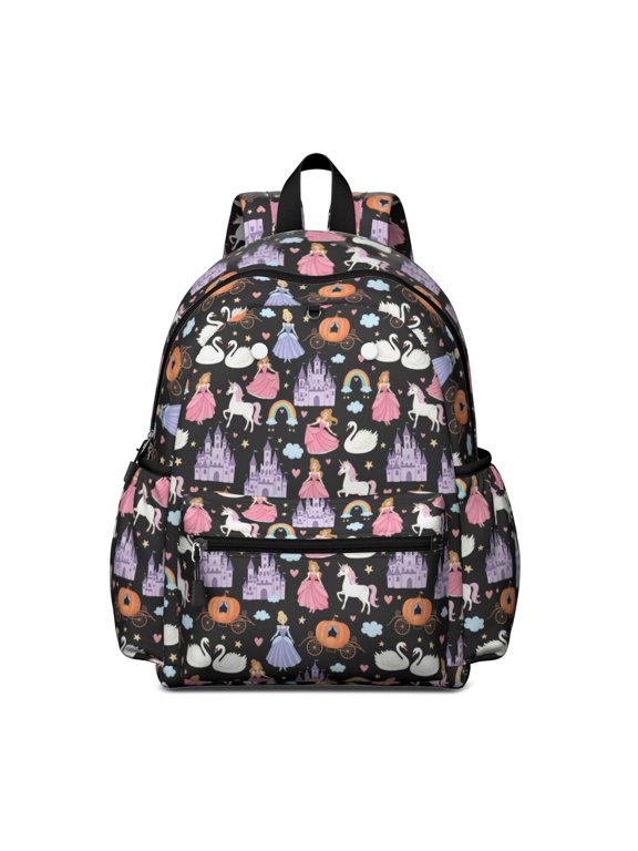 Princess and Carriage Black Pattern Backpack for School, Cute School Bag with Adjustable Shoulder Straps and Padded Back, 13.4"x11"x4.7"