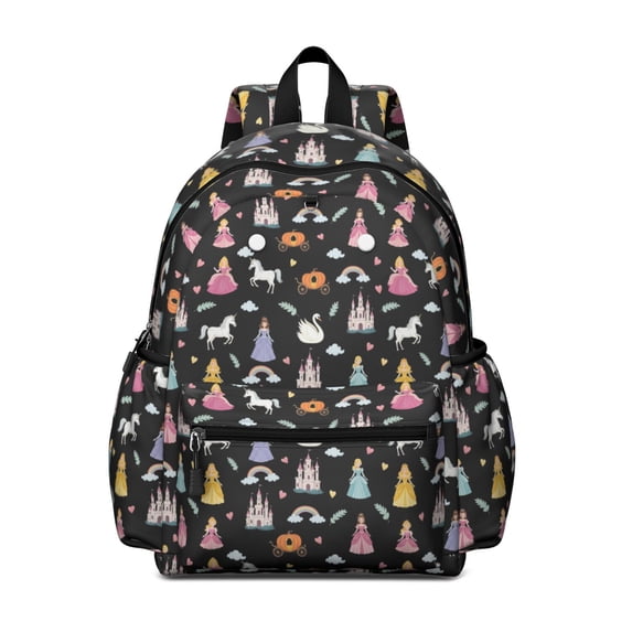 Princess and Carriage Black Pattern Cute School Backpack with Padded Back and Adjustable Shoulder Straps 13.4"x11"x4.7"