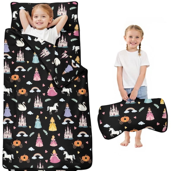 Princess and Carriage Black Pattern Teens Toddler Nap Mat with Pillow, Sleeping Mat Bag for Preschool Daycare 50"x20"