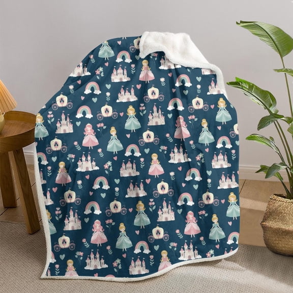 Princess and Carriage Blue Pattern Soft Sherpa Fleece Throw Blanket, Warm Cozy Plush Blanket for Sofa Bed Couch, All Season, 30"x40"