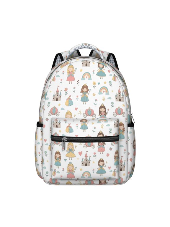Princess and Carriage White Pattern Backpack for School, Cute School Bag with Adjustable Shoulder Straps and Padded Back, 15.3"x11"x7.1"
