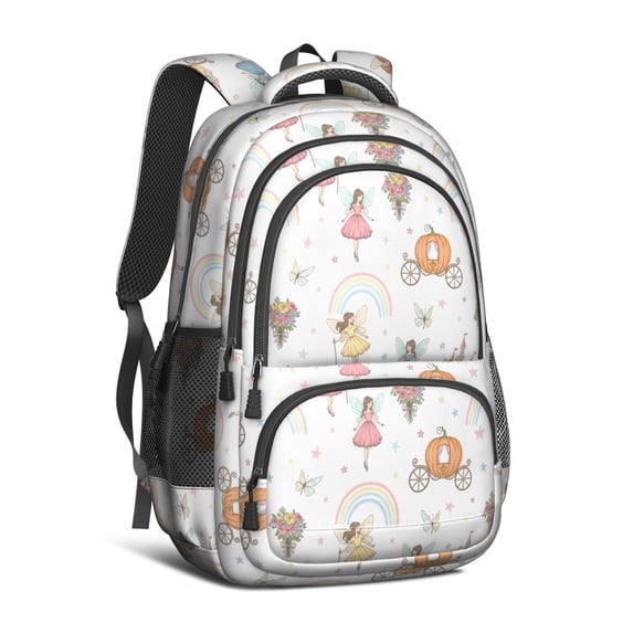 Princess and Carriage White Pattern Cute School Backpack Bag with Padded Back and Adjustable Shoulder Straps 16.9 X 12.6 X 5.9 Inches