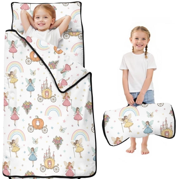 Princess and Carriage White Pattern Teens Toddler Nap Mat with Pillow, Sleeping Mat Bag for Preschool Daycare 50"x20"