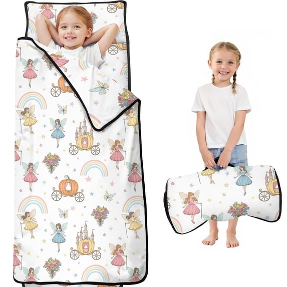 Princess and Carriage White Pattern Teens Toddler Nap Mat with Pillow, Sleeping Mat Bag for Preschool Daycare 60"x20"