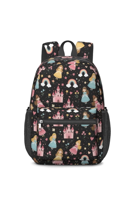 Princess and Castle Black Pattern 17" School Backpacks for Teens,Waterproof Oxford Fabric,S-Shape Padded Straps for School,Travel,Hiking,Camping