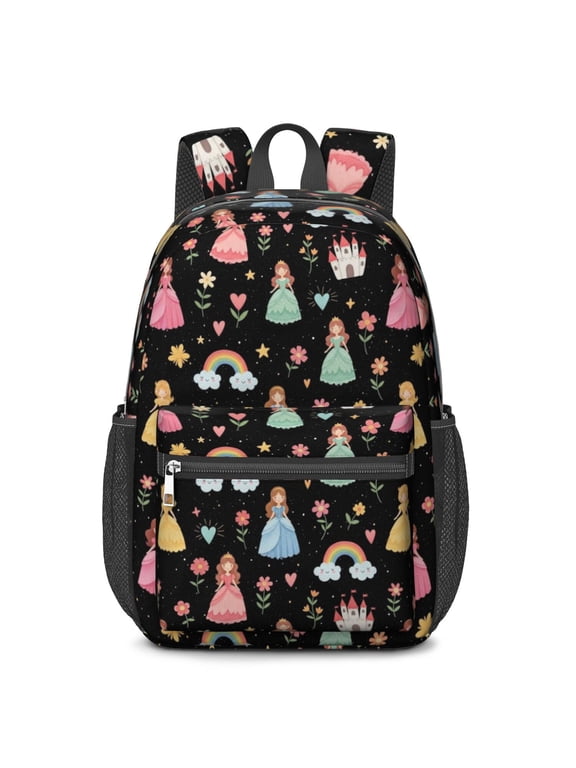 Princess and Castle Black Pattern 17" School Backpacks for Teens,Waterproof Oxford Fabric,S-Shape Padded Straps for School,Travel,Hiking,Camping