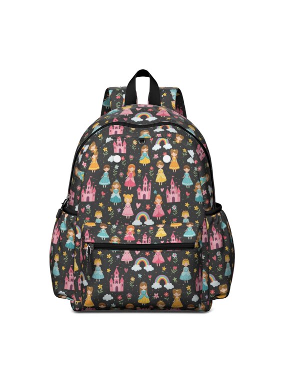 Princess and Castle Black Pattern Backpack for School, Cute School Bag with Adjustable Shoulder Straps and Padded Back, 13.4"x11"x4.7"