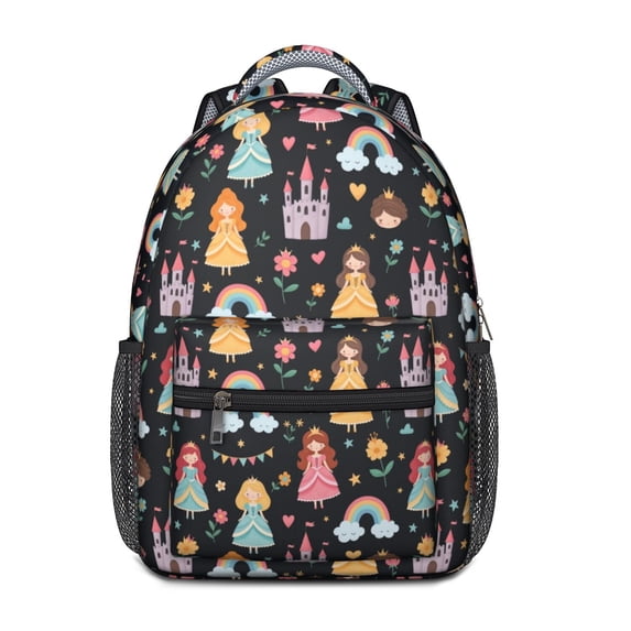 Princess and Castle Black Pattern Backpack for School, Cute School Bag with Adjustable Shoulder Straps and Padded Back, 15.3"x11"x6.7"