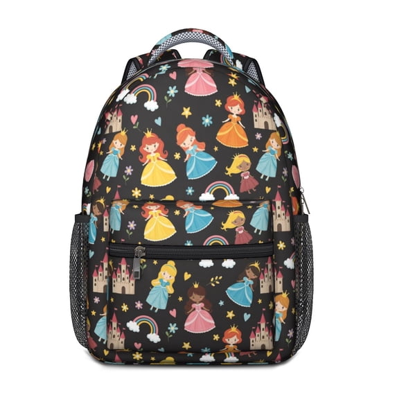 Princess and Castle Black Pattern Backpack for School, Cute School Bag with Adjustable Shoulder Straps and Padded Back, 15.3"x11"x6.7"