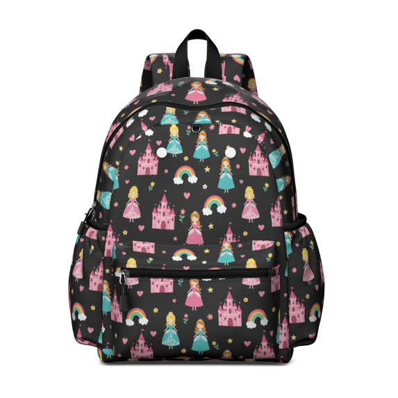 Princess and Castle Black Pattern Cute School Backpack with Padded Back and Adjustable Shoulder Straps 13.4"x11"x4.7"
