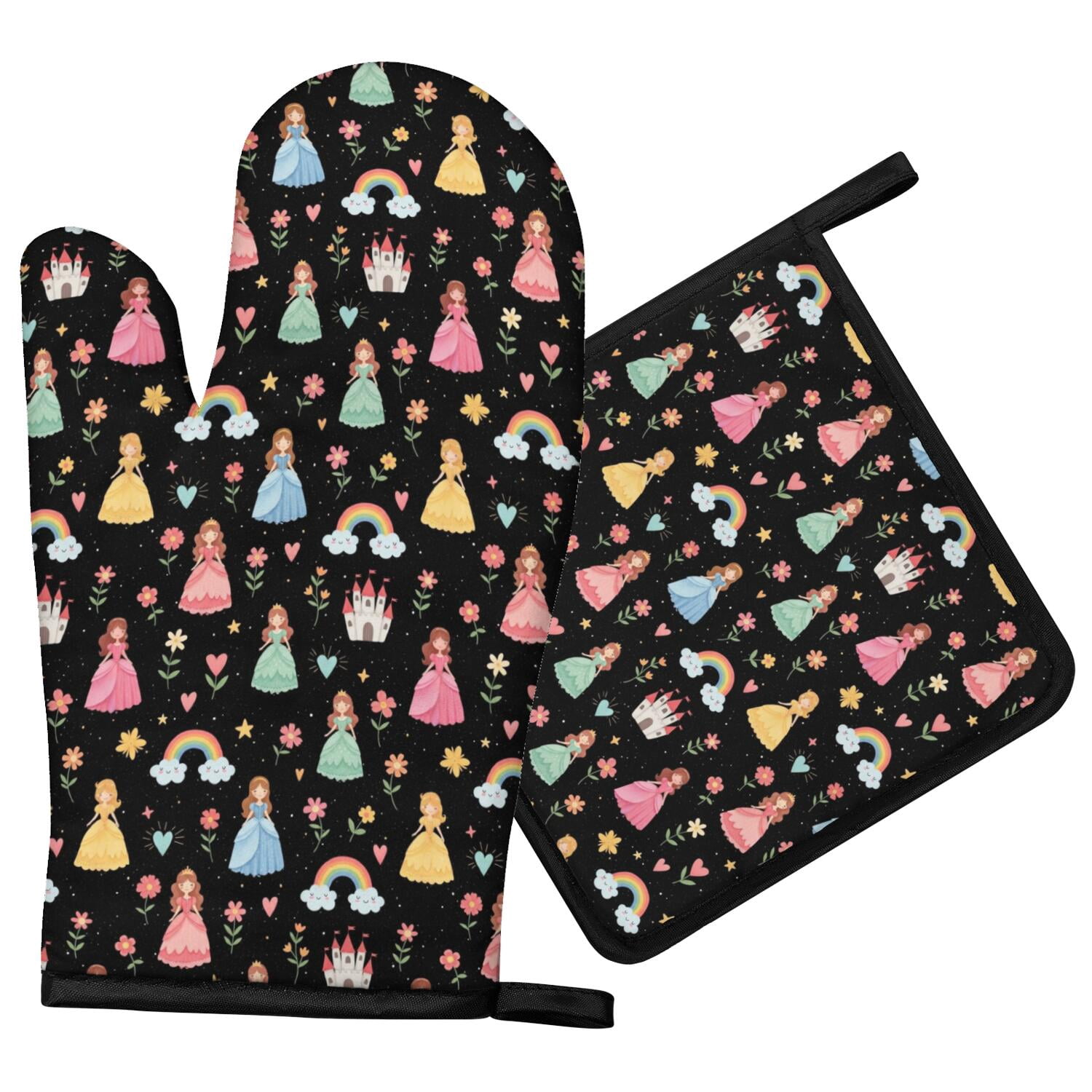 Bbq Banner Examples Princess and Castle Black Pattern Oven Mitt Pot Holder Set, Polyester ...