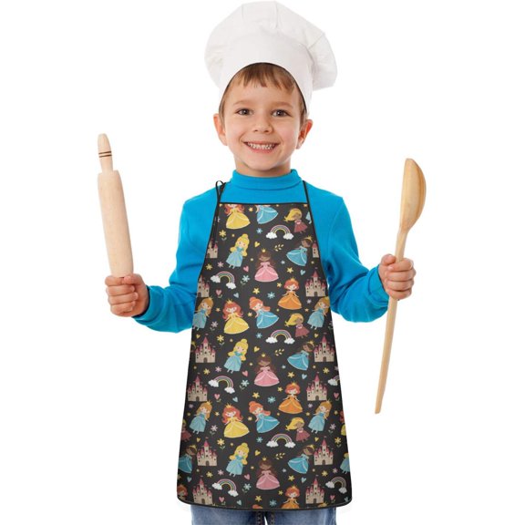 Princess and Castle Black Pattern Teens Aprons, Adjustable Neck Strap, Toddler & Teens Aprons for Cooking & Baking, 19x23.6 Inches