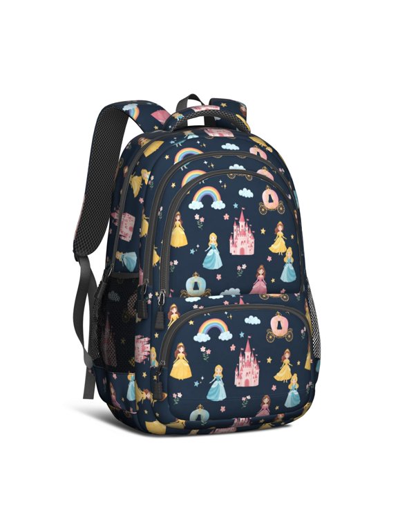 Princess and Castle Blue Pattern Backpack for School, Cute School Bag with Adjustable Shoulder Straps and Padded Back, 16.9"x12.6"x5.9"