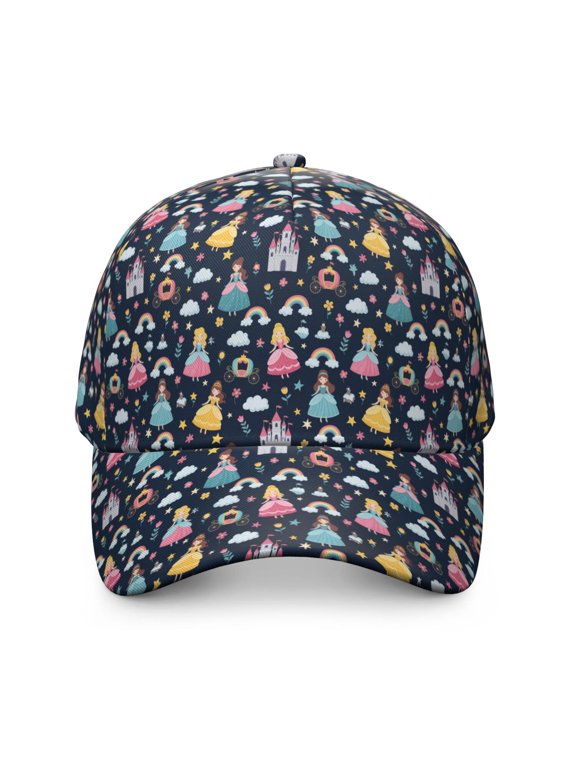 Princess and Castle Blue Pattern Baseball Cap, Casual Daily Hat with Snap Closure & Sweatband, Breathable Eyelets Gifts for Unisex Men Women