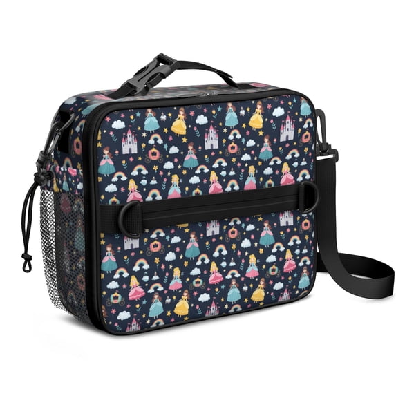 Princess and Castle Blue Pattern Insulated Lunch Bag with Shoulder Strap and Bottle Holder,Bento School Lunch Bag Box,11x9.5x3.5 Inches