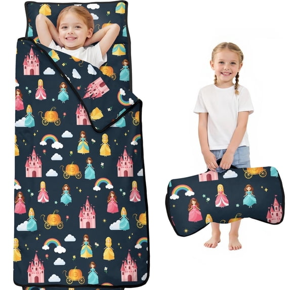 Princess and Castle Blue Pattern Teens Toddler Nap Mat with Pillow, Sleeping Mat Bag for Preschool Daycare 59"x22"