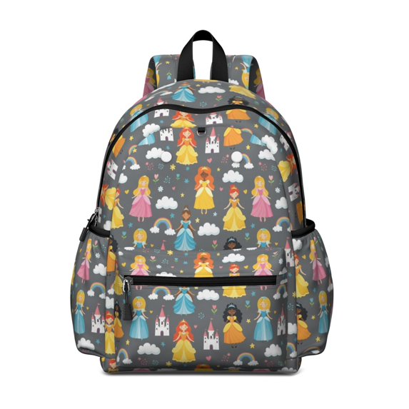 Princess and Castle Gray Pattern Cute School Backpack with Padded Back and Adjustable Shoulder Straps 13.4"x11"x4.7"