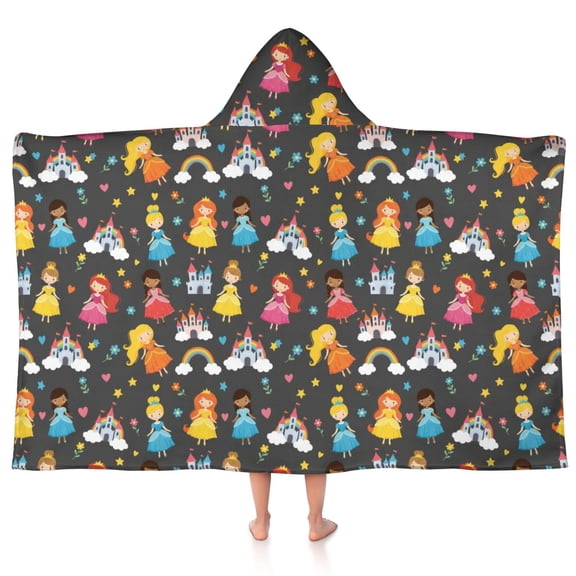Princess and Castle Gray Pattern Teens Hooded Bath Towel Wrap for Ages 3 To 12,Quick Dry Lightweight Soft Microfiber Bath Beach Pool,50"x30"