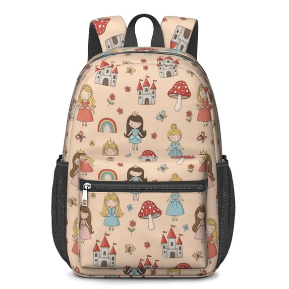 Princess and Castle Pink Pattern 17" Waterproof Oxford School Backpacks for Teens, S-Shape Padded Straps, for School, Travel, Hiking, Camping