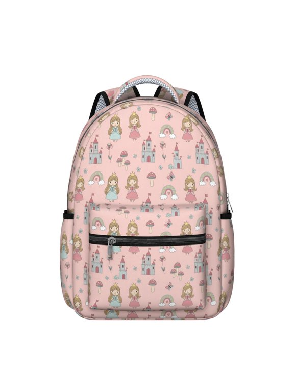 Princess and Castle Pink Pattern Backpack for School, Cute School Bag with Adjustable Shoulder Straps and Padded Back, 15.3"x11"x7.1"