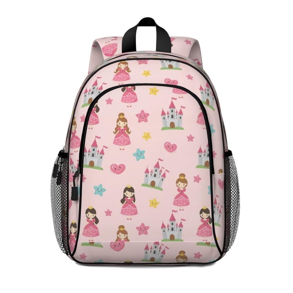 Princess and Castle Pink Pattern Backpack for School, Cute School Bag with Adjustable Shoulder Straps and Padded Back, 15"x11.42"x5.5"