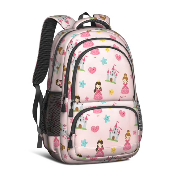 Princess and Castle Pink Pattern Backpack for School, Cute School Bag with Adjustable Shoulder Straps and Padded Back, 16.9"x12.6"x5.9"