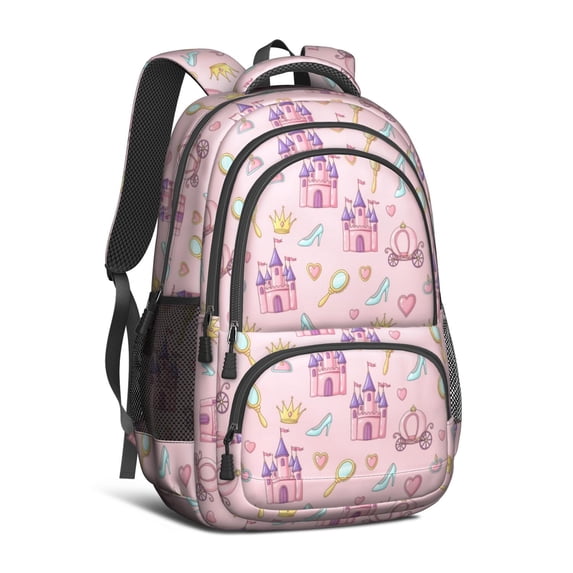 Princess and Castle Pink Pattern Backpack for School, Cute School Bag with Adjustable Shoulder Straps and Padded Back, 16.9"x12.6"x5.9"