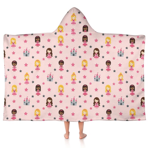 Princess and Castle Pink Pattern Hooded Bath Towel Wrap for Teens Ages 3 To 12, Soft Lightweight Quick Dry Microfiber Bath Beach Pool, 50"x30"