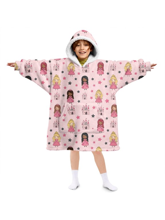 Princess and Castle Pink Pattern Lamb Fleece Blanket Hoodies for Teens ,Teens Oversize Sherpa Wearable Hooded Blanket Sweatshirt with Super Pockets