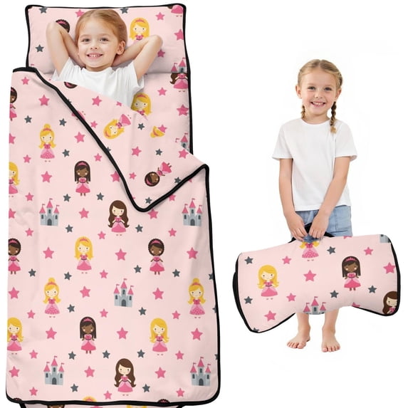 Princess and Castle Pink Pattern Teens Toddler Nap Mat with Pillow, Sleeping Mat Bag for Preschool Daycare 50"x20"