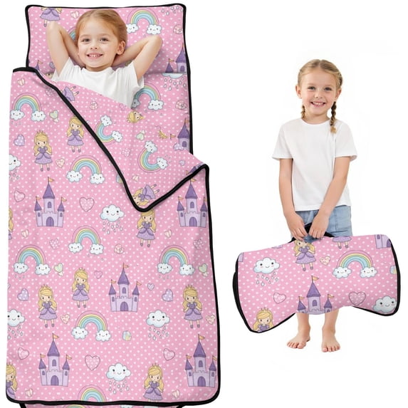 Princess and Castle Pink Pattern Teens Toddler Nap Mat with Pillow, Sleeping Mat Bag for Preschool Daycare 50"x20"