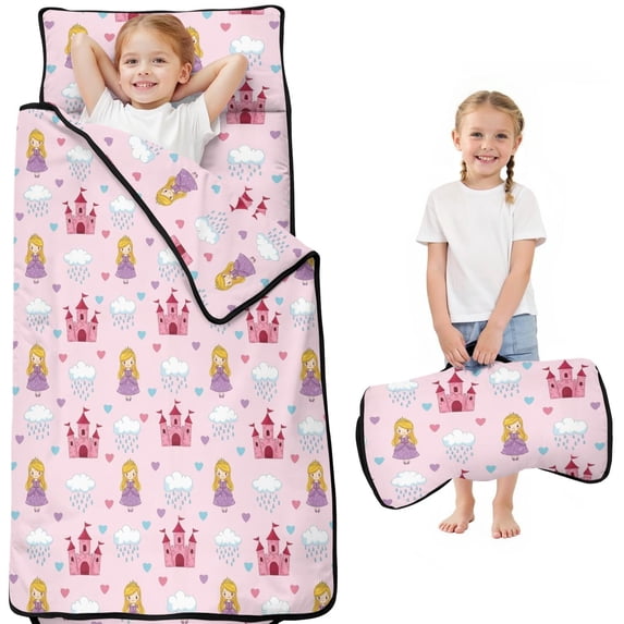 Princess and Castle Pink Pattern Teens Toddler Nap Mat with Pillow, Sleeping Mat Bag for Preschool Daycare 51"x22"