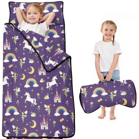 Princess and Castle Purple Pattern Teens Toddler Nap Mat with Pillow, Sleeping Mat Bag for Preschool Daycare 50"x20"