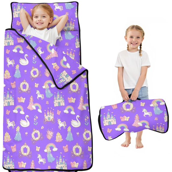 Princess and Castle Purple Pattern Teens Toddler Nap Mat with Pillow, Sleeping Mat Bag for Preschool Daycare 51"x22"
