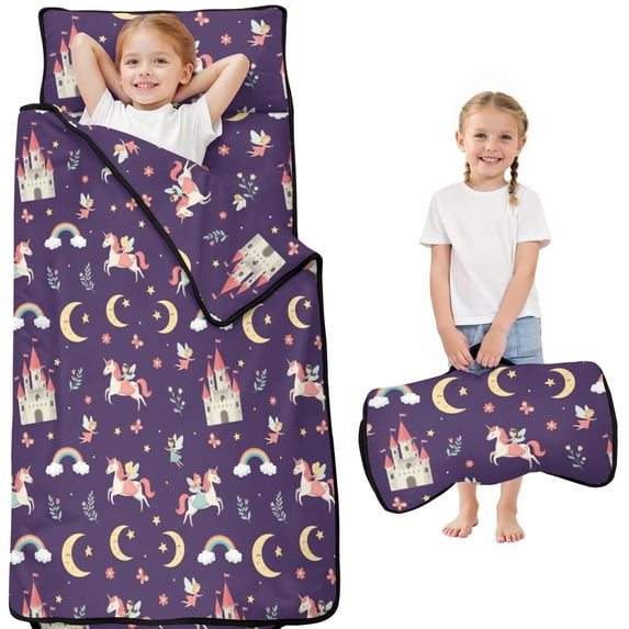Princess and Castle Purple Pattern Teens Toddler Nap Mat with Pillow, Sleeping Mat Bag for Preschool Daycare 51"x22"