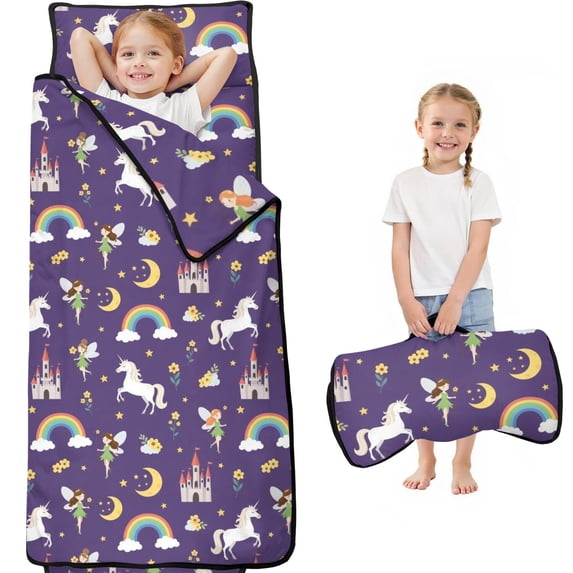 Princess and Castle Purple Pattern Teens Toddler Nap Mat with Pillow, Sleeping Mat Bag for Preschool Daycare 60"x20"