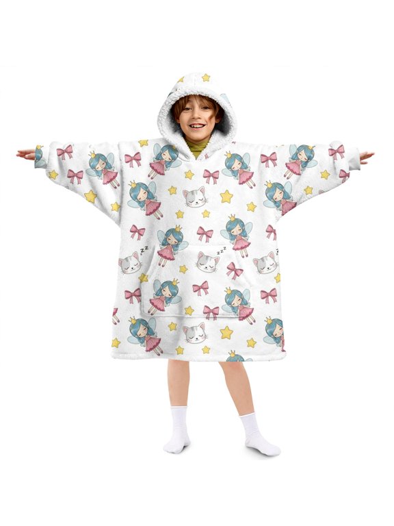 Princess and Cat White Pattern Lamb Fleece Blanket Hoodies for Teens ,Teens Oversize Sherpa Wearable Hooded Blanket Sweatshirt with Super Pockets