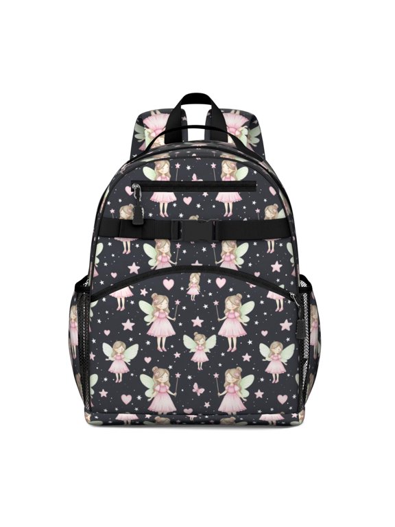 Princess and Fairy Black Pattern Backpack for School, Cute School Bag with Adjustable Shoulder Straps and Padded Back, 15.25"x11.5"x5.25"
