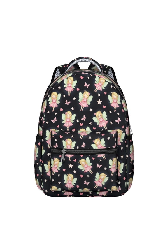 Princess and Fairy Black Pattern Backpack for School, Cute School Bag with Adjustable Shoulder Straps and Padded Back, 15.3"x11"x7.1"
